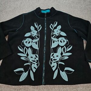 Susan Graver Style Black Fleece Jacket Floral Embroidery Teal Trim Zip Women 2X‎